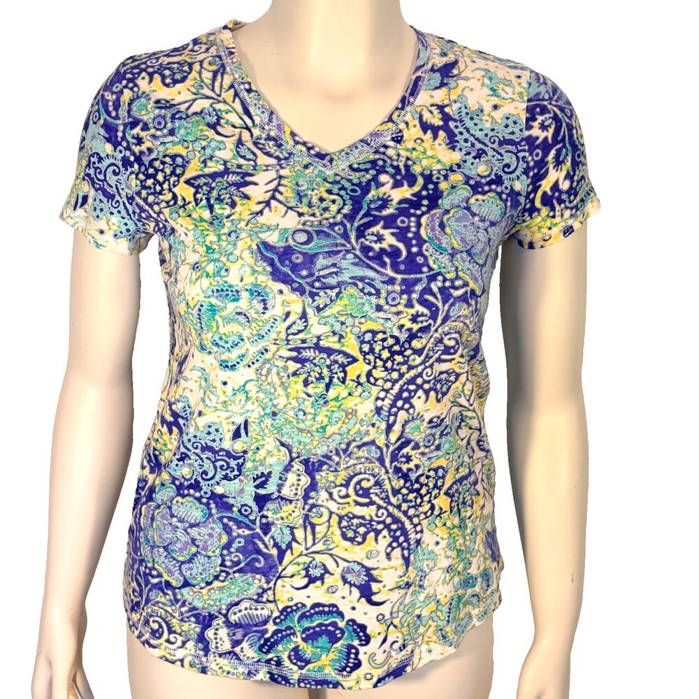 Chico's Tee Shirt Women's M (1) Blurred Floral Chintz V-Neck Short Sle